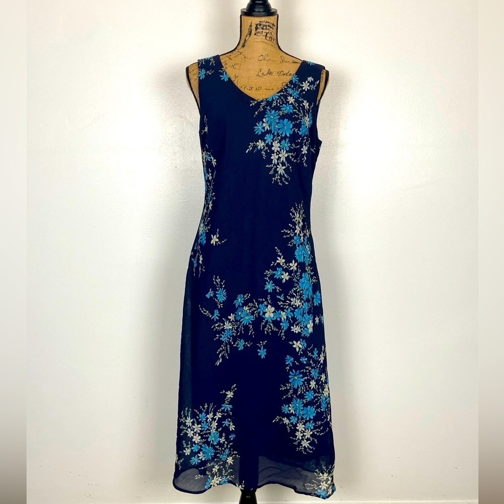 Graffiti‎ New York Y2K 90s Floral Midi Dress Sz M Blue Chiffon Coquette Feminine